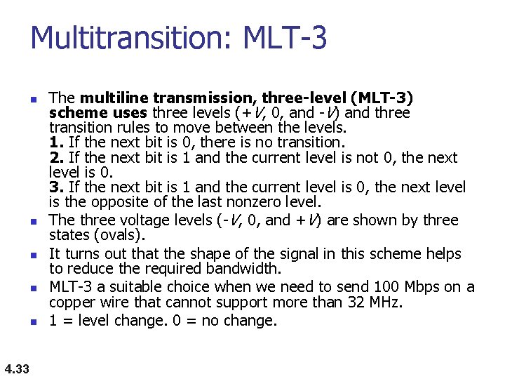 Multitransition: MLT-3 n n n 4. 33 The multiline transmission, three-level (MLT-3) scheme uses