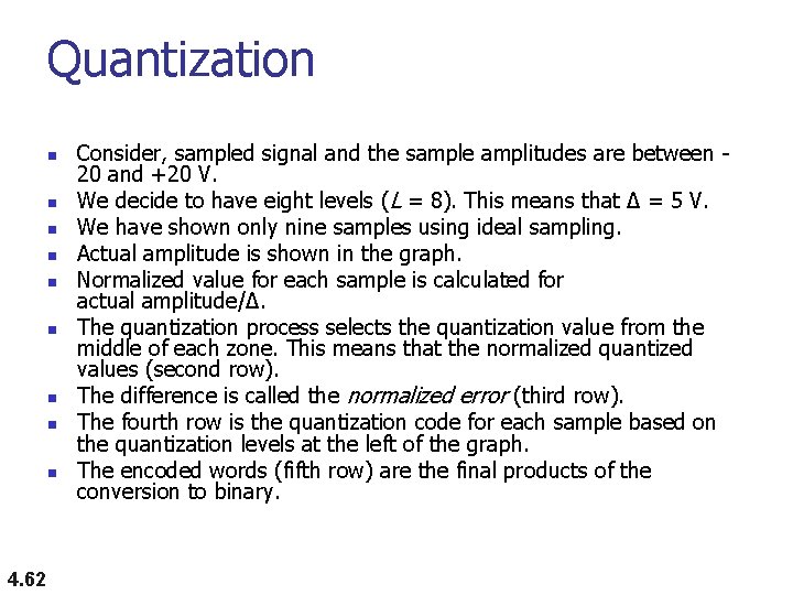 Quantization n n n n 4. 62 Consider, sampled signal and the sample amplitudes