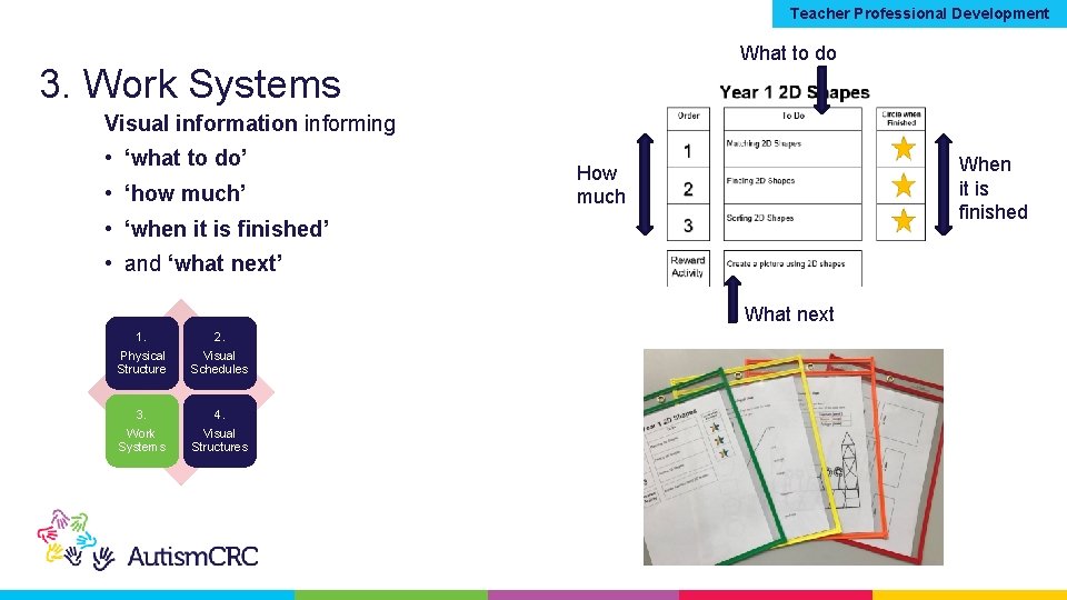 Teacher Professional Development What to do 3. Work Systems Visual information informing • ‘what