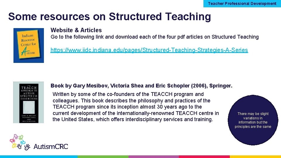 Teacher Professional Development Some resources on Structured Teaching Website & Articles Go to the