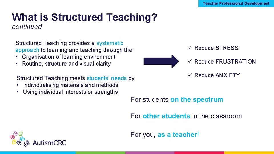Teacher Professional Development What is Structured Teaching? continued Structured Teaching provides a systematic approach