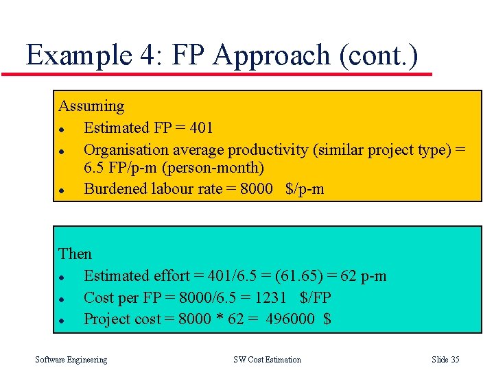 Example 4: FP Approach (cont. ) Assuming l Estimated FP = 401 l Organisation