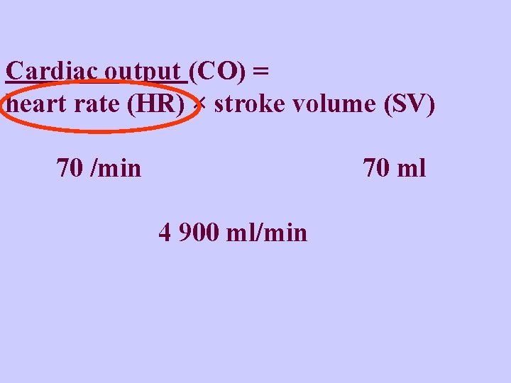 Cardiac output (CO) = heart rate (HR) × stroke volume (SV) 70 /min 70