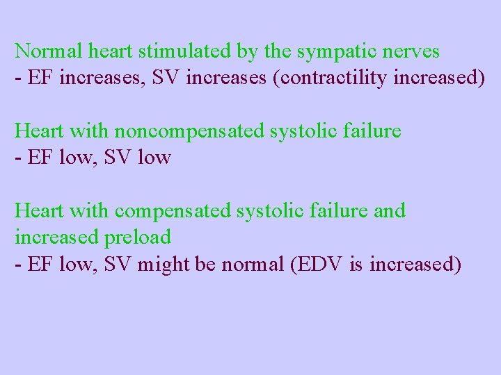 Normal heart stimulated by the sympatic nerves - EF increases, SV increases (contractility increased)