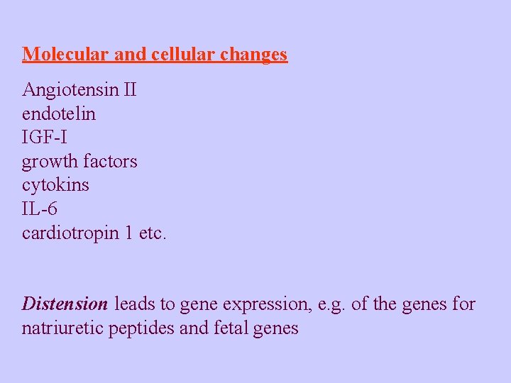 Molecular and cellular changes Angiotensin II endotelin IGF-I growth factors cytokins IL-6 cardiotropin 1