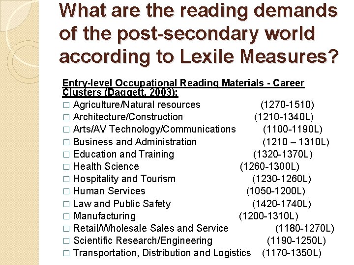 What are the reading demands of the post-secondary world according to Lexile Measures? Entry-level