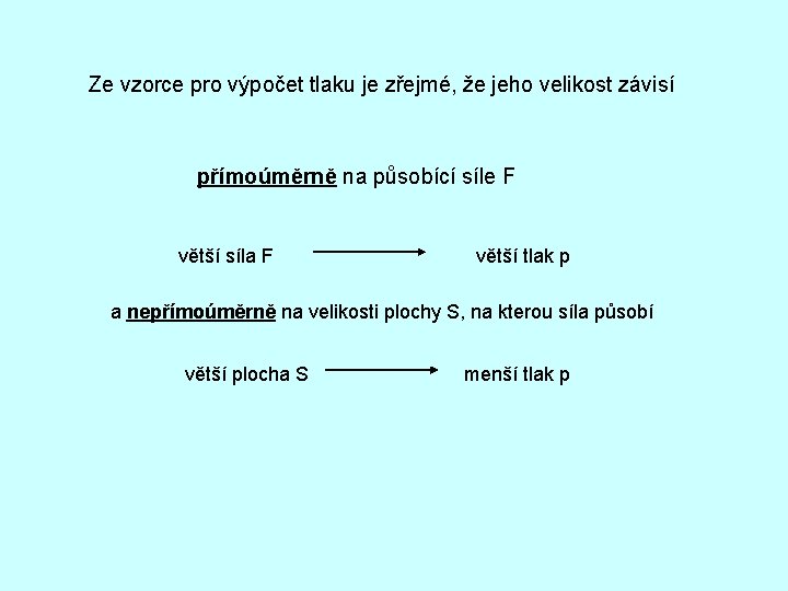 Ze vzorce pro výpočet tlaku je zřejmé, že jeho velikost závisí přímoúměrně na působící