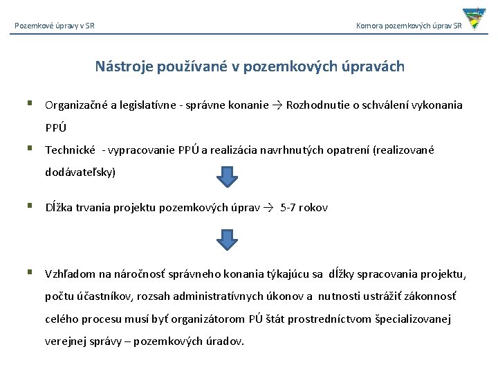 Pozemkové úpravy v SR Komora pozemkových úprav SR Nástroje používané v pozemkových úpravách §