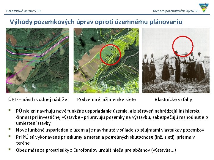 Pozemkové úpravy v SR Komora pozemkových úprav SR Výhody pozemkových úprav oproti územnému plánovaniu