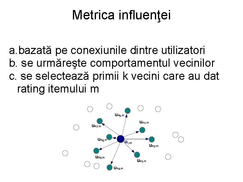 Metrica influenţei a. bazată pe conexiunile dintre utilizatori b. se urmăreşte comportamentul vecinilor c.