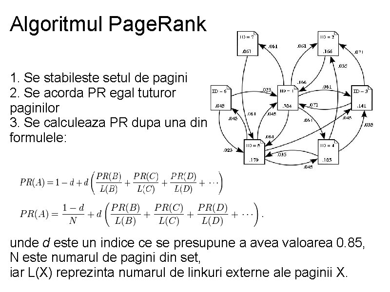 Algoritmul Page. Rank 1. Se stabileste setul de pagini 2. Se acorda PR egal