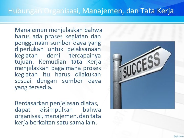 Hubungan Organisasi, Manajemen, dan Tata Kerja Manajemen menjelaskan bahwa harus ada proses kegiatan dan