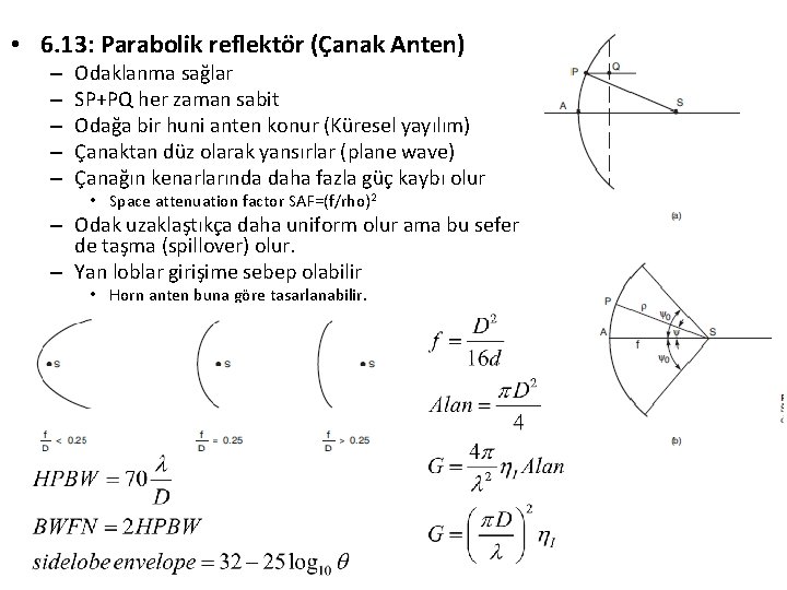  • 6. 13: Parabolik reflektör (Çanak Anten) – – – Odaklanma sağlar SP+PQ