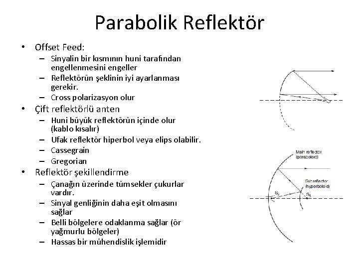 Parabolik Reflektör • Offset Feed: – Sinyalin bir kısmının huni tarafından engellenmesini engeller –