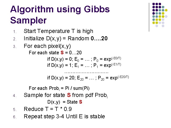 Algorithm using Gibbs Sampler 1. 2. 3. Start Temperature T is high Initialize D(x,