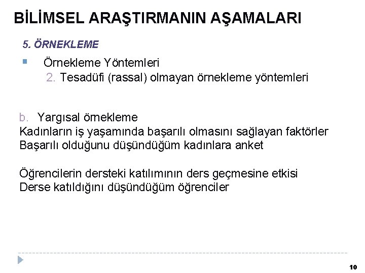 BİLİMSEL ARAŞTIRMANIN AŞAMALARI 5. ÖRNEKLEME Örnekleme Yöntemleri 2. Tesadüfi (rassal) olmayan örnekleme yöntemleri b.