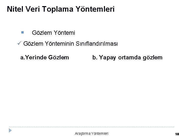 Nitel Veri Toplama Yöntemleri Gözlem Yöntemi ü Gözlem Yönteminin Sınıflandırılması a. Yerinde Gözlem b.