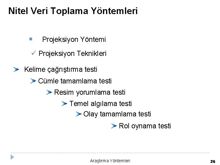 Nitel Veri Toplama Yöntemleri Projeksiyon Yöntemi ü Projeksiyon Teknikleri Kelime çağrıştırma testi Cümle tamamlama