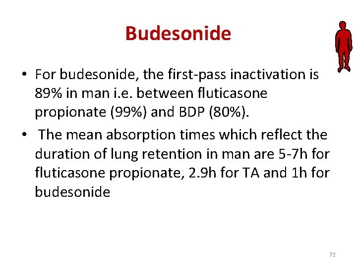 Budesonide • For budesonide, the first-pass inactivation is 89% in man i. e. between