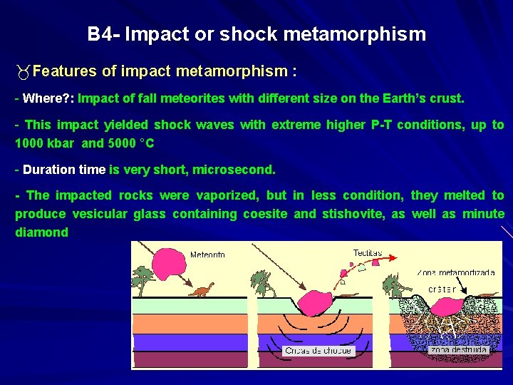 B 4 - Impact or shock metamorphism _Features of impact metamorphism : - Where?