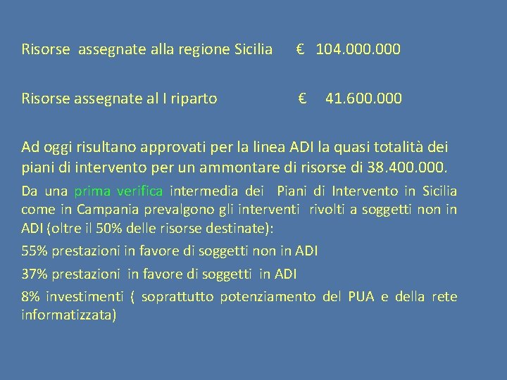 Risorse assegnate alla regione Sicilia € 104. 000 Risorse assegnate al I riparto €