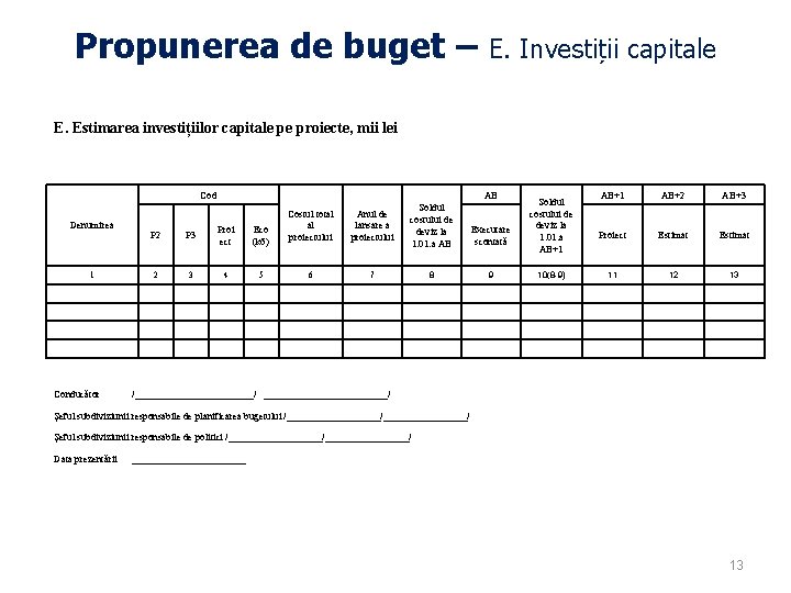 Propunerea de buget – E. Investiții capitale E. Estimarea investițiilor capitale pe proiecte, mii