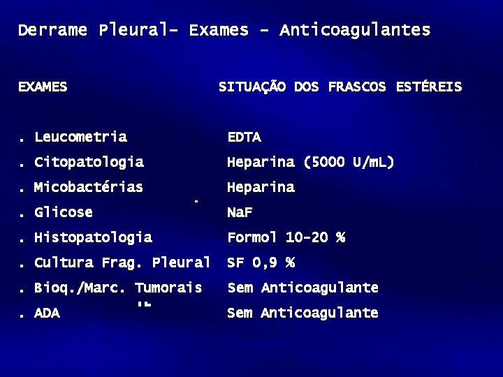 Derrame Pleural- Exames - Anticoagulantes EXAMES SITUAÇÃO DOS FRASCOS ESTÉREIS . Leucometria EDTA .