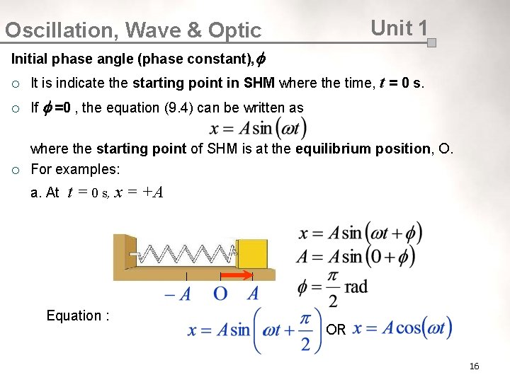 Unit 1 Oscillation, Wave & Optic Initial phase angle (phase constant), ¡ It is