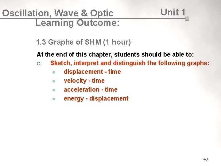 Oscillation, Wave & Optic Learning Outcome: Unit 1 1. 3 Graphs of SHM (1