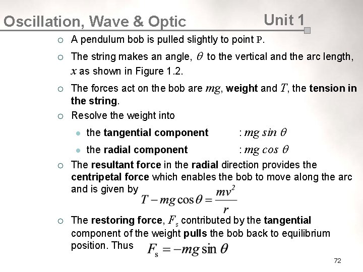 Oscillation, Wave & Optic ¡ ¡ A pendulum bob is pulled slightly to point