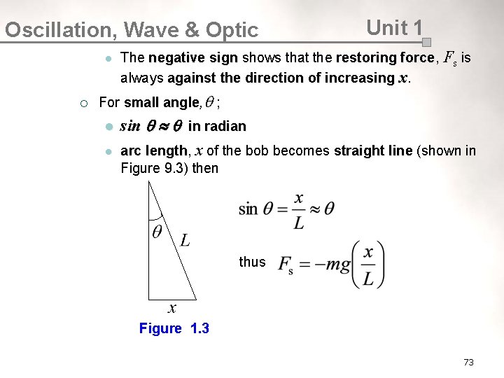 Oscillation, Wave & Optic l ¡ Unit 1 The negative sign shows that the