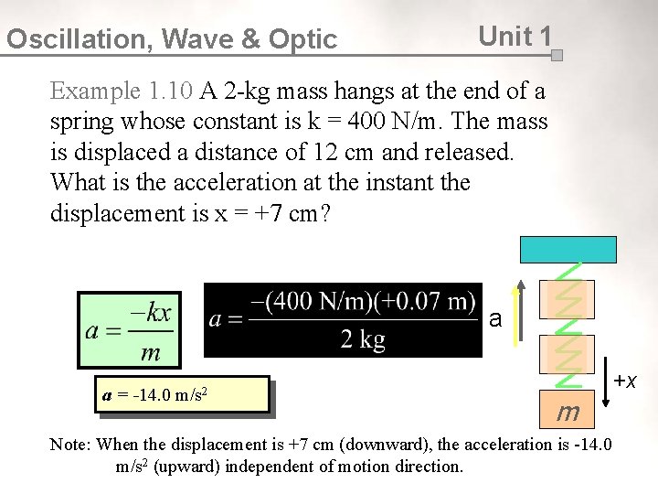 Oscillation, Wave & Optic Unit 1 Example 1. 10 A 2 -kg mass hangs