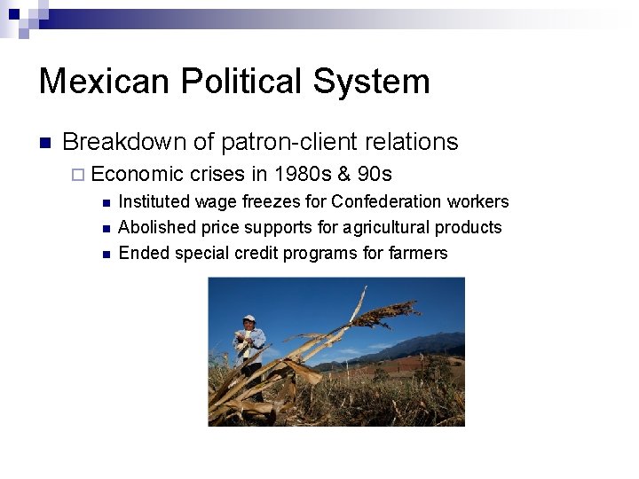 Mexican Political System n Breakdown of patron-client relations ¨ Economic crises in 1980 s