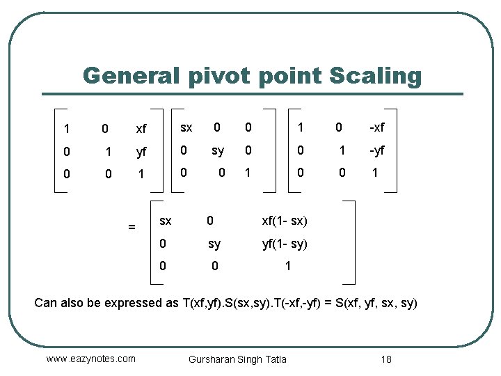 General pivot point Scaling 1 0 xf sx 0 0 1 0 -xf 0