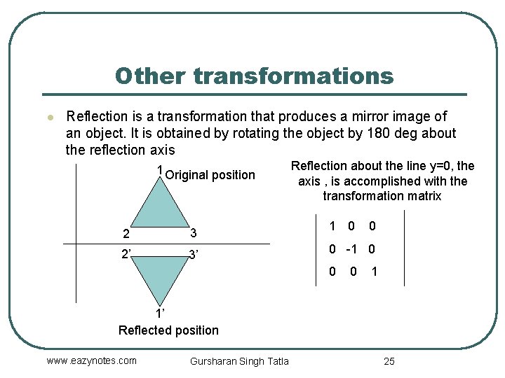 Other transformations l Reflection is a transformation that produces a mirror image of an
