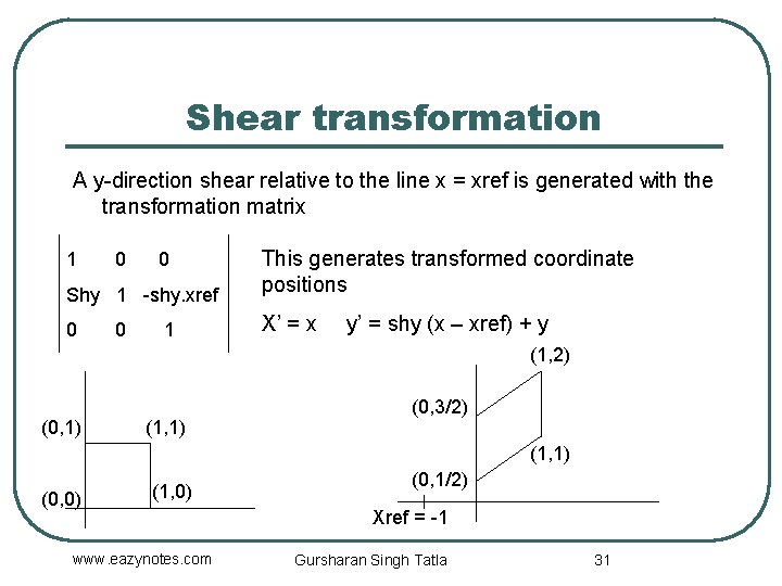 Shear transformation A y-direction shear relative to the line x = xref is generated