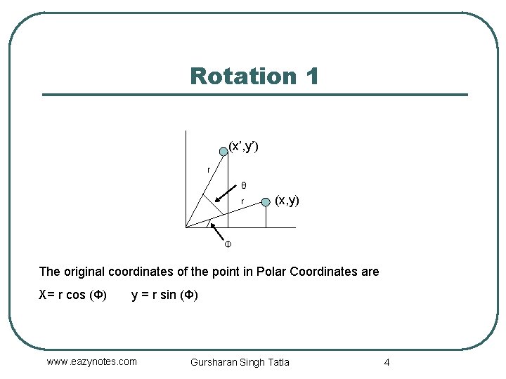Rotation 1 (x’, y’) r θ r (x, y) Ф The original coordinates of