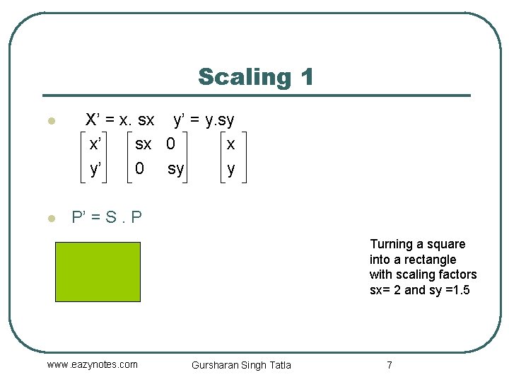 Scaling 1 l l X’ = x. sx y’ = y. sy x’ sx