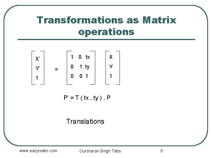Transformations as Matrix operations X’ Y’ = 1 1 0 tx X 0 1