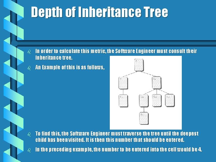 Depth of Inheritance Tree b In order to calculate this metric, the Software Engineer