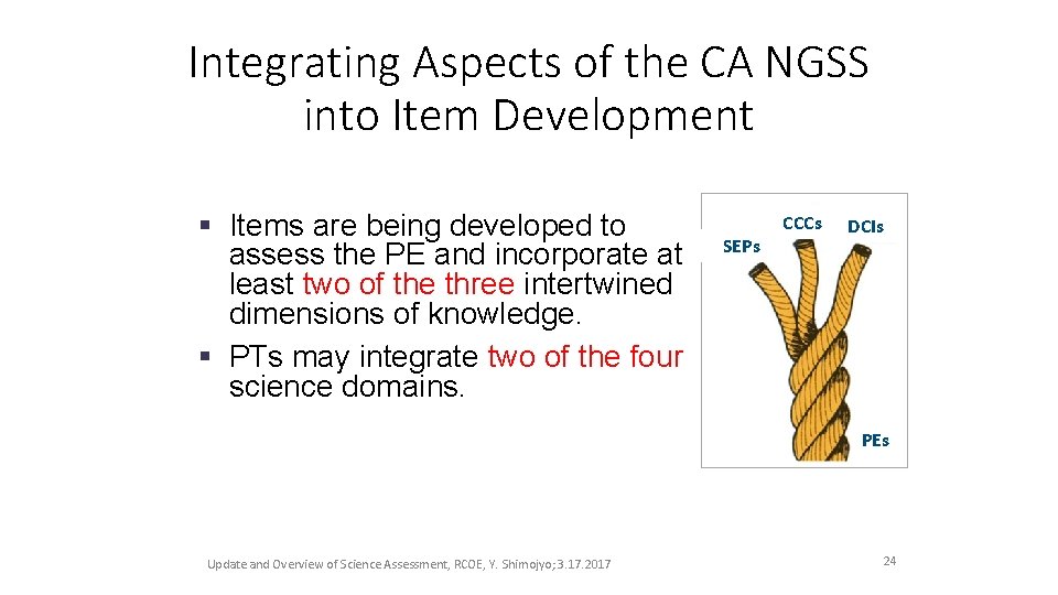 Integrating Aspects of the CA NGSS into Item Development § Items are being developed