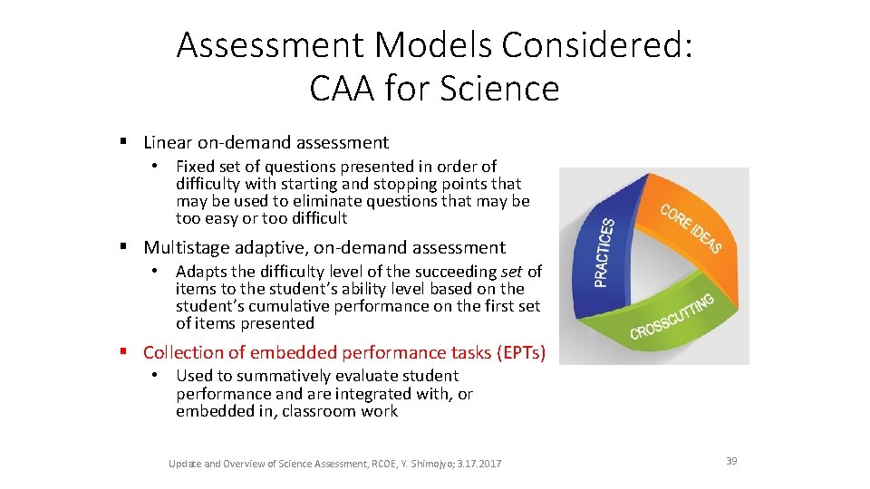 Assessment Models Considered: CAA for Science § Linear on-demand assessment • Fixed set of