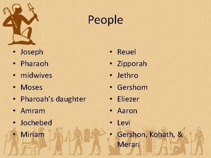 People • • Joseph Pharaoh midwives Moses Pharoah’s daughter Amram Jochebed Miriam • •