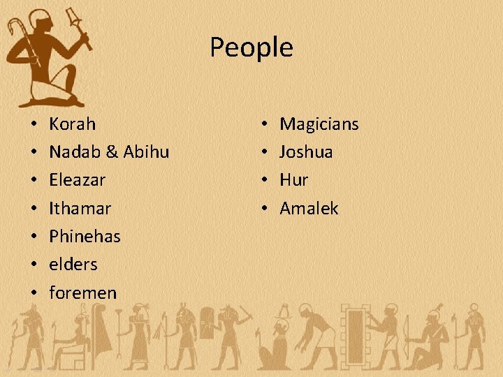 People • • Korah Nadab & Abihu Eleazar Ithamar Phinehas elders foremen • •