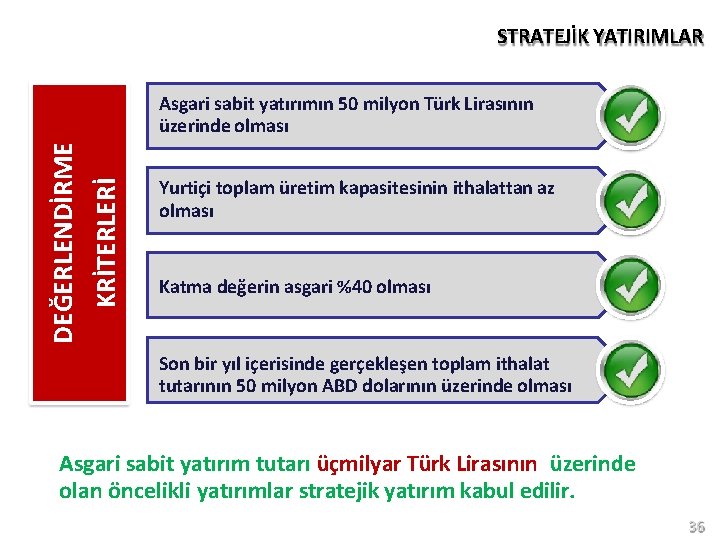 STRATEJİK YATIRIMLAR KRİTERLERİ DEĞERLENDİRME Asgari sabit yatırımın 50 milyon Türk Lirasının üzerinde olması Yurtiçi
