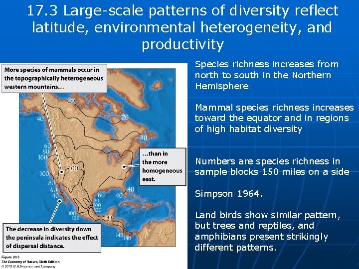 17. 3 Large-scale patterns of diversity reflect latitude, environmental heterogeneity, and productivity Species richness