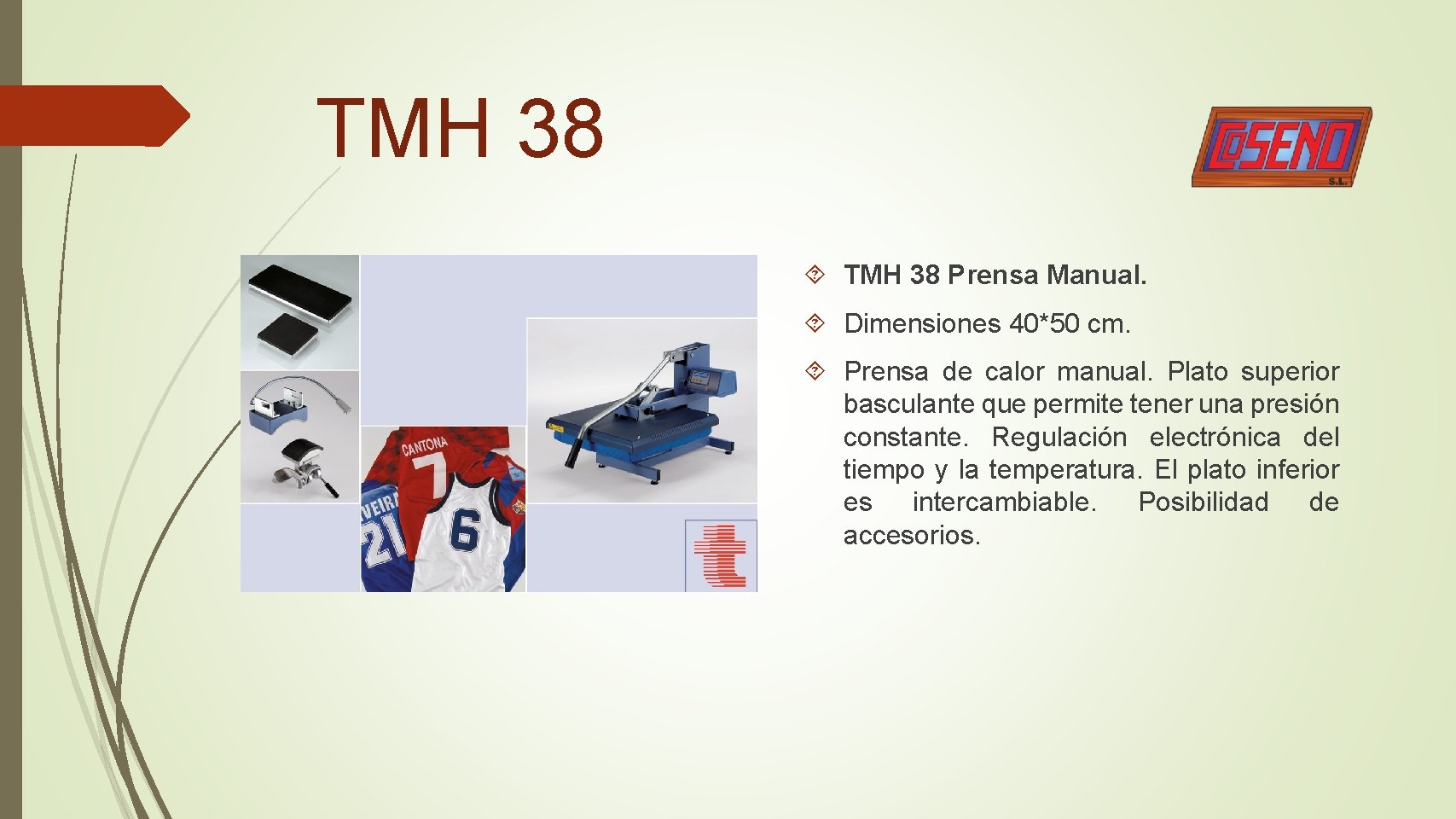 TMH 38 Prensa Manual. Dimensiones 40*50 cm. Prensa de calor manual. Plato superior basculante