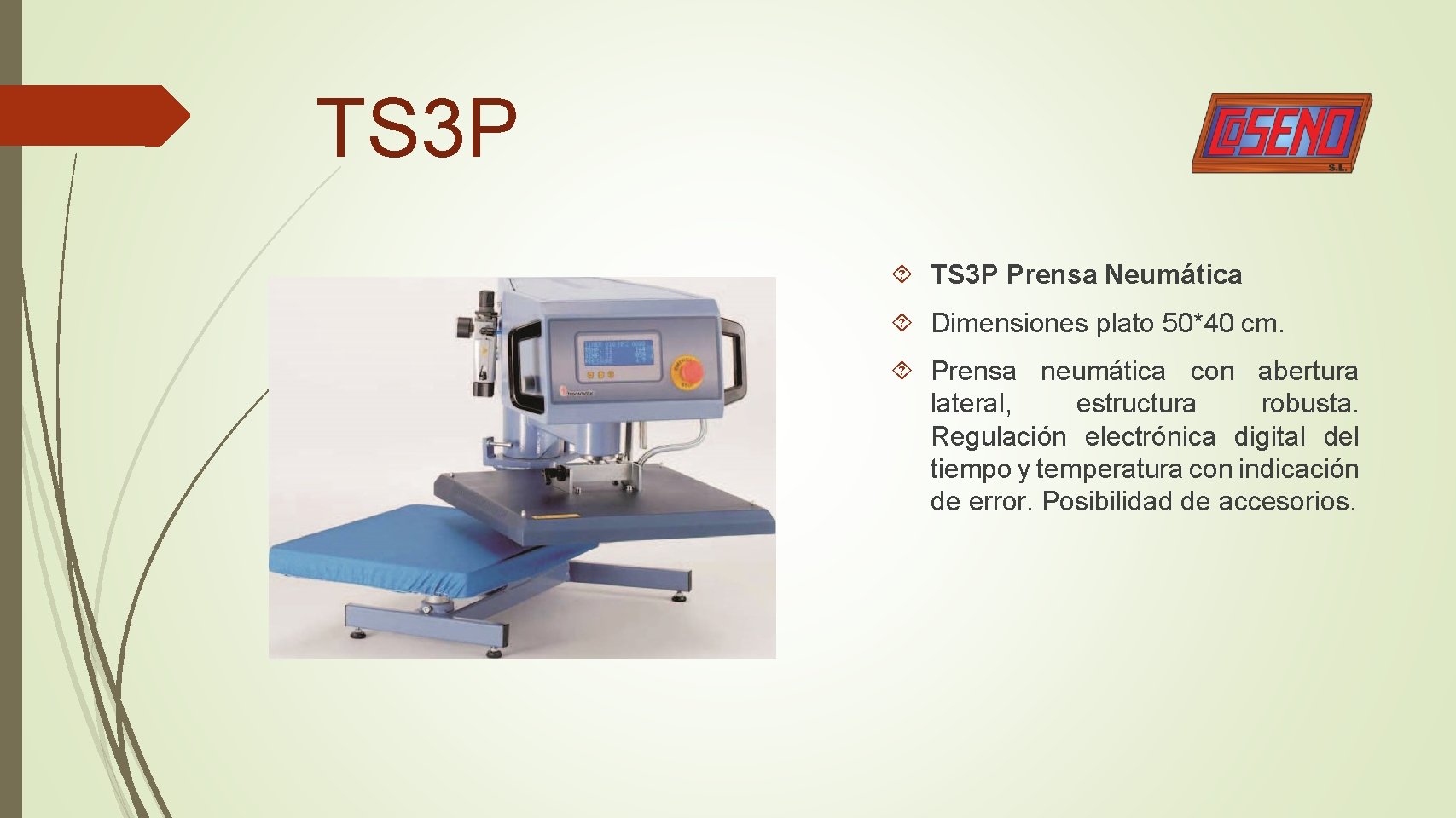 TS 3 P Prensa Neumática Dimensiones plato 50*40 cm. Prensa neumática con abertura lateral,