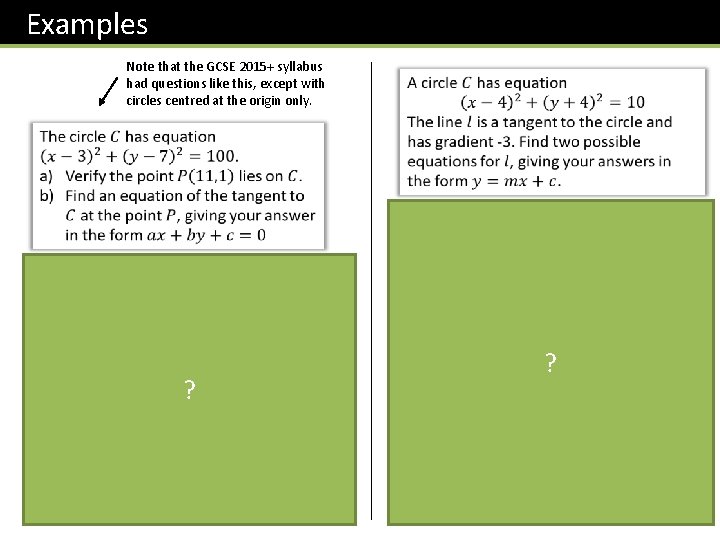 Examples Note that the GCSE 2015+ syllabus had questions like this, except with circles