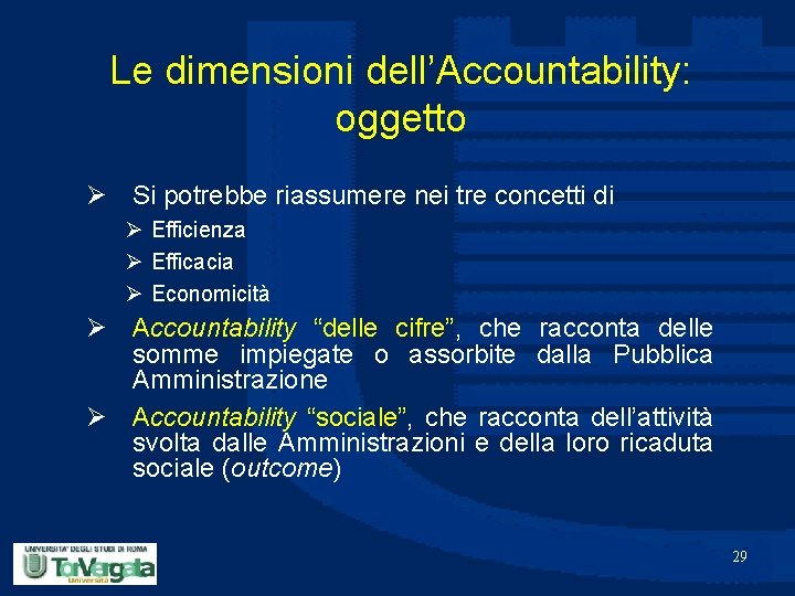 Le dimensioni dell’Accountability: oggetto Ø Si potrebbe riassumere nei tre concetti di Ø Efficienza